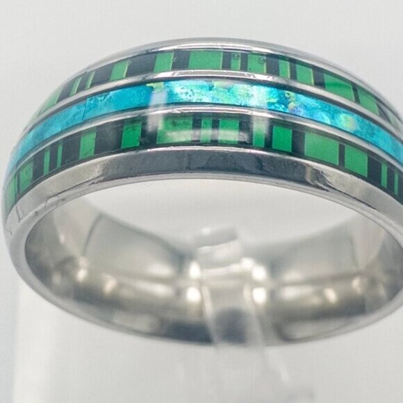 Stainless Steel Ring with Green and Blue Inlay - Picture 4 of 8